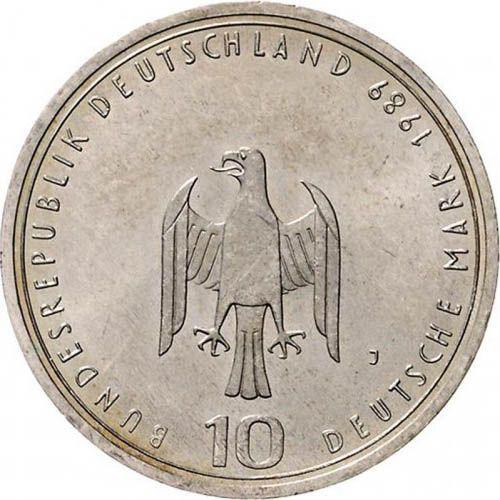 Реверс монеты - 10 марок 1989 года J "Гамбургская гавань" Малый вес - цена серебряной монеты - Германия, ФРГ