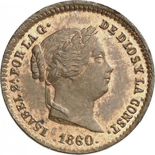 Аверс монеты - 5 сентимо реал 1860 года - цена  монеты - Испания, Изабелла II