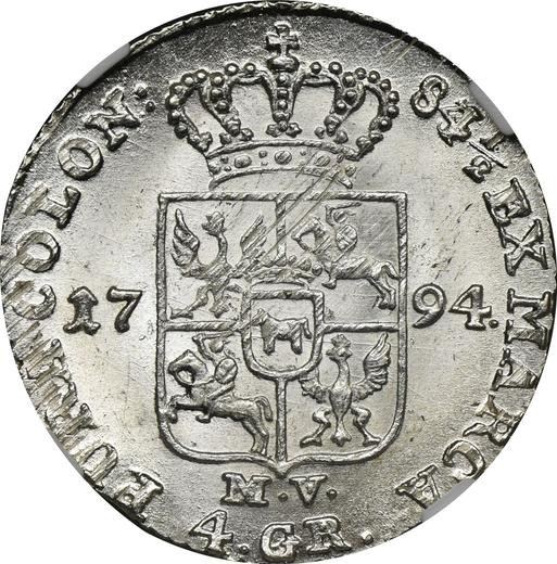 Rewers monety - Złotówka (4 groszy) 1794 MV "Insurekcja Kościuszkowska" Napis 84 1/2 - cena srebrnej monety - Polska, Stanisław II August
