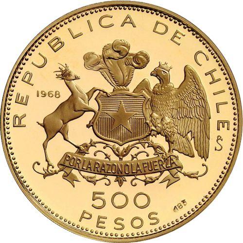 Avers 500 Pesos 1968 So "150 Jahre National-Flagge" - Goldmünze Wert - Chile, Republik