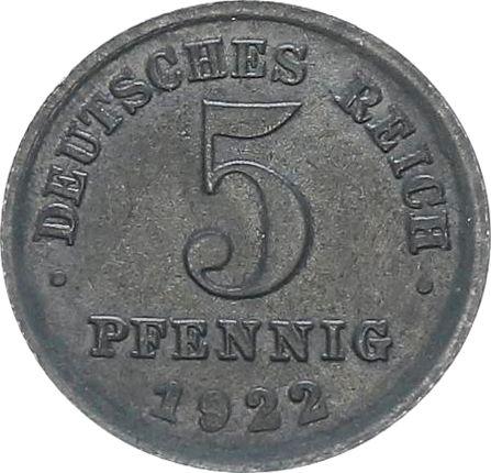 Аверс монеты - 5 пфеннигов 1922 года G - цена  монеты - Германия, Германская Империя