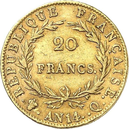 Реверс монеты - 20 франков AN 14 (1805-1806) года Q Перпиньян - цена золотой монеты - Франция, Наполеон I