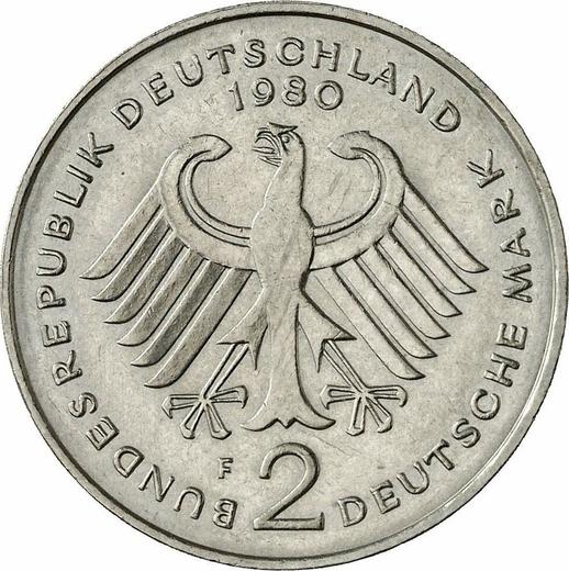Reverso 2 marcos 1980 F "Kurt Schumacher" - valor de la moneda  - Alemania, RFA
