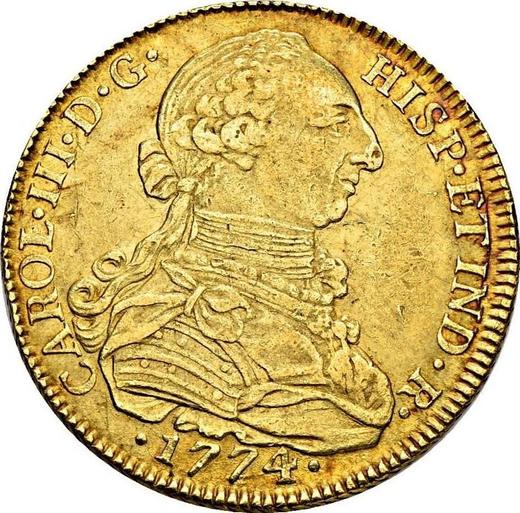 Аверс монеты - 8 эскудо 1774 года NR JJ - цена золотой монеты - Колумбия, Карл III