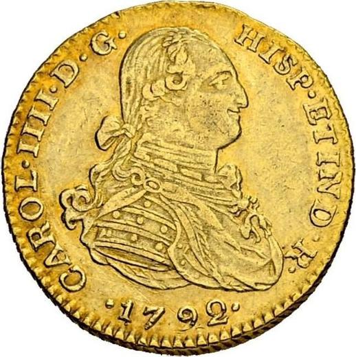 Аверс монеты - 2 эскудо 1792 года NR JJ - цена золотой монеты - Колумбия, Карл IV