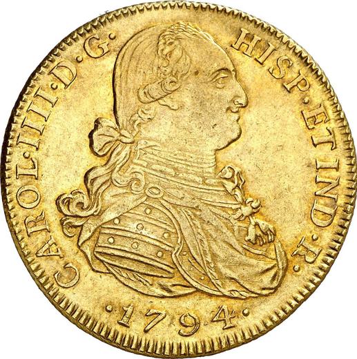 Аверс монеты - 8 эскудо 1794 года NR JJ - цена золотой монеты - Колумбия, Карл IV