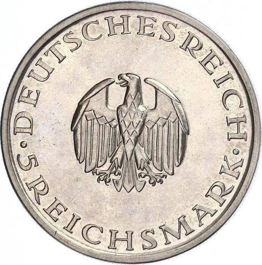 Аверс монеты - 5 рейхсмарок 1929 года J "Лессинг" - цена серебряной монеты - Германия, Bеймарская республика