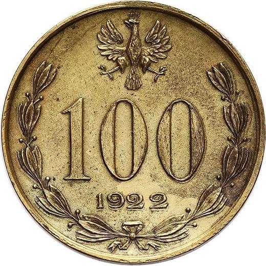 Аверс монеты - Пробные 100 марок 1922 года "Юзеф Пилсудский" Латунь - цена  монеты - Польша, II Республика