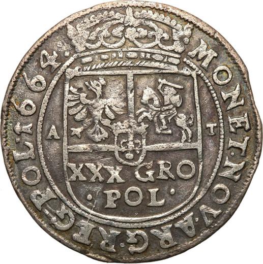 Rewers monety - Złotówka (30 groszy) 1664 AT - cena srebrnej monety - Polska, Jan II Kazimierz