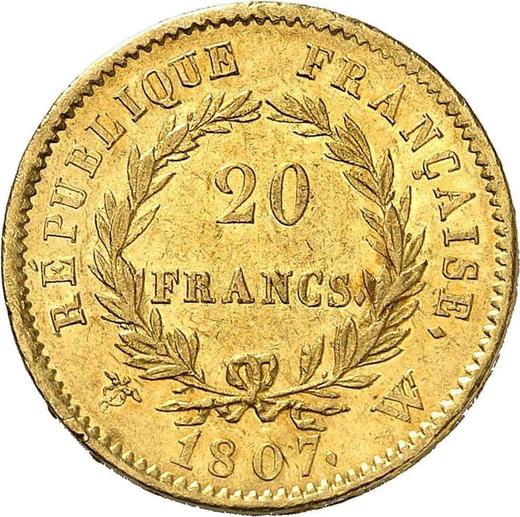 Rewers monety - 20 franków 1807 W "Typ 1806-1807" Lille - Francja, Napoleon I