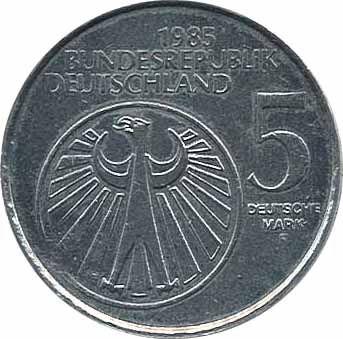 Реверс монеты - 5 марок 1985 года F "Год музыки" Малый вес - цена  монеты - Германия, ФРГ