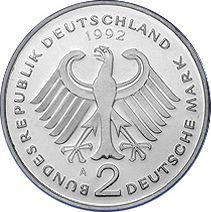 Reverso 2 marcos 1992 A "Franz Josef Strauß" - valor de la moneda  - Alemania, RFA