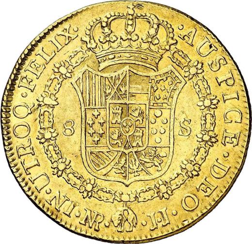 Реверс монеты - 8 эскудо 1776 года NR JJ - цена золотой монеты - Колумбия, Карл III