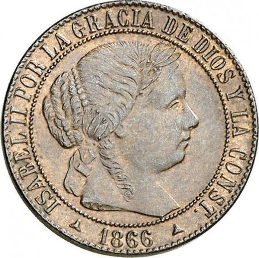 Аверс монеты - 1 сентимо эскудо 1866 года Трёхконечные звезды Без OM - цена  монеты - Испания, Изабелла II