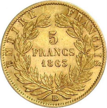 Reverso 5 francos 1863 BB "Tipo 1862-1869" Estrasburgo - valor de la moneda de oro - Francia, Napoleón III Bonaparte
