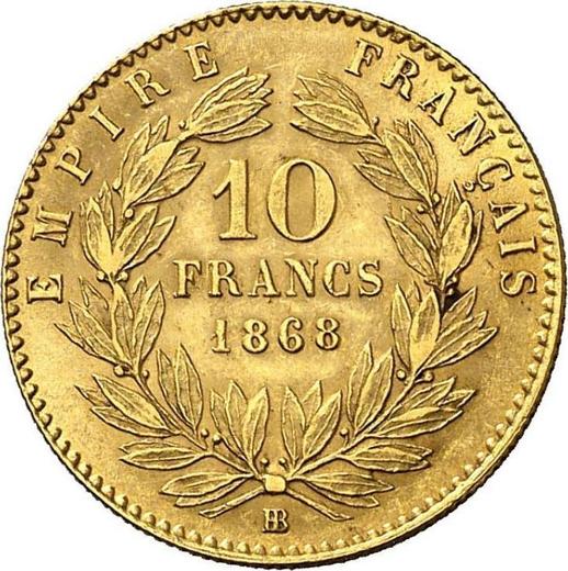 Reverso 10 francos 1868 BB "Tipo 1861-1868" Estrasburgo - valor de la moneda de oro - Francia, Napoleón III Bonaparte