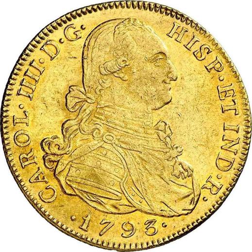 Аверс монеты - 8 эскудо 1793 года NR JJ - цена золотой монеты - Колумбия, Карл IV