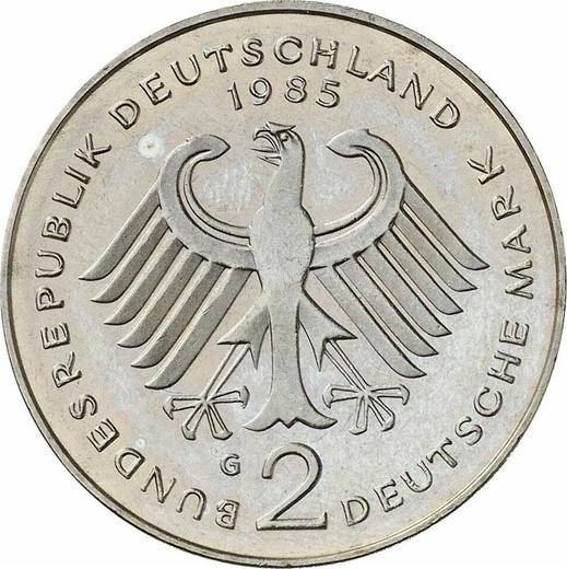 Reverse 2 Mark 1985 G "Konrad Adenauer" -  Coin Value - Germany, FRG