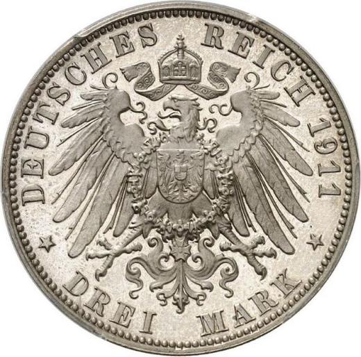 Реверс монеты - 3 марки 1911 года E "Саксония" - цена серебряной монеты - Германия, Германская Империя