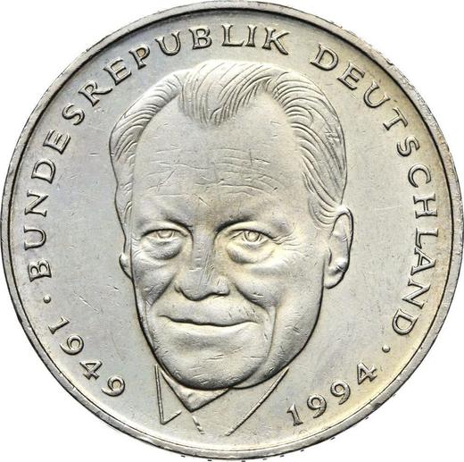 Аверс монеты - 2 марки 1994 года D "Вилли Брандт" - цена  монеты - Германия, ФРГ
