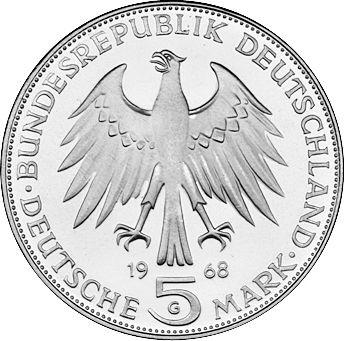 Rewers monety - 5 marek 1968 G "Gutenberg" - cena srebrnej monety - Niemcy, RFN