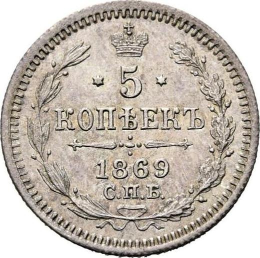 Reverso 5 kopeks 1869 СПБ HI "Plata ley 500 (billón)" - valor de la moneda de plata - Rusia, Alejandro II