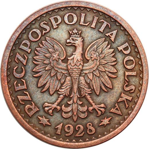 Аверс монеты - Пробный 1 злотый 1928 года "Венок из листьев" Медь - цена  монеты - Польша, II Республика