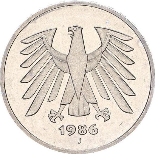 Реверс монеты - 5 марок 1986 года J - цена  монеты - Германия, ФРГ