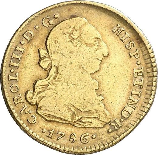 Awers monety - 2 escudo 1786 MI - cena złotej monety - Peru, Karol III