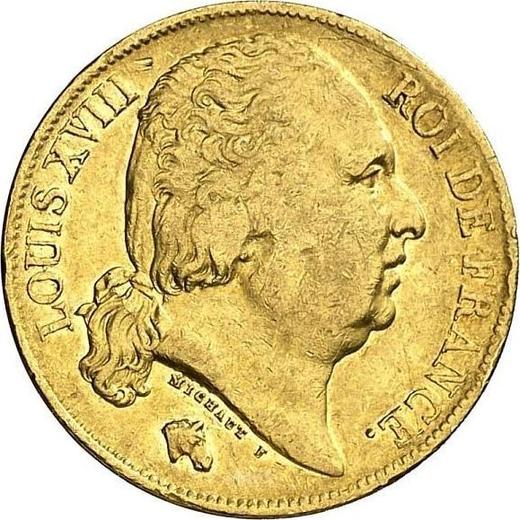 Аверс монеты - 20 франков 1824 года W "Тип 1816-1824" Лилль - цена золотой монеты - Франция, Людовик XVIII