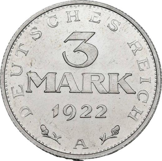 Reverso 3 marcos 1922 A "Constitución" - valor de la moneda  - Alemania, República de Weimar