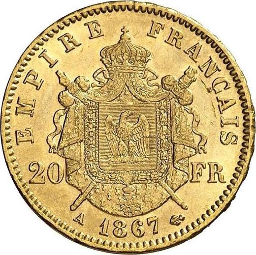 Reverso 20 francos 1867 A "Tipo 1861-1870" París - valor de la moneda de oro - Francia, Napoleón III Bonaparte