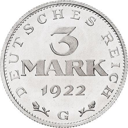 Reverso 3 marcos 1922 G "Constitución" - valor de la moneda  - Alemania, República de Weimar