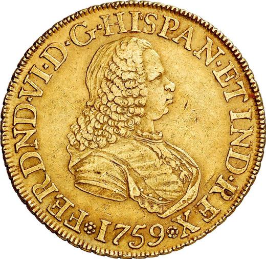 Аверс монеты - 8 эскудо 1759 года NR JV - цена золотой монеты - Колумбия, Фердинанд VI