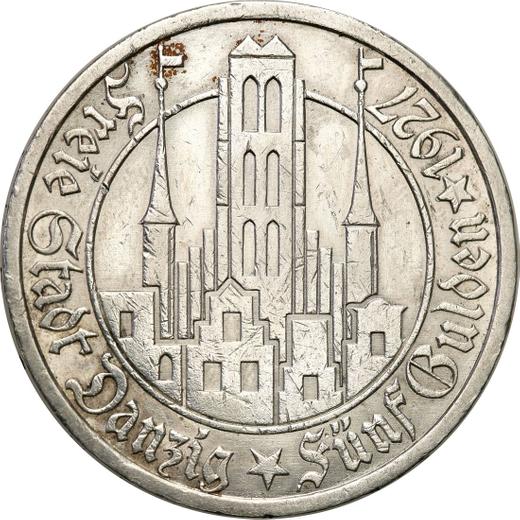Rewers monety - 5 guldenów 1927 "Kościół Mariacki" - cena srebrnej monety - Polska, Wolne Miasto Gdańsk