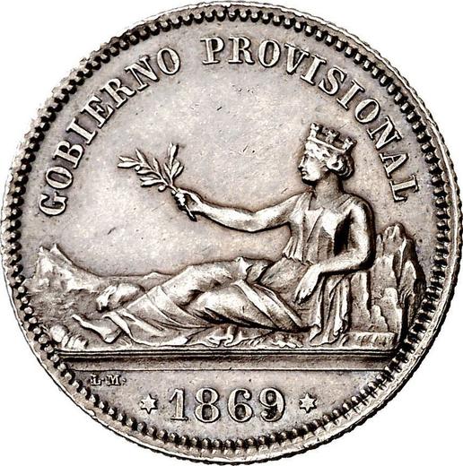 Аверс монеты - 1 песета 1869 года SNM - цена серебряной монеты - Испания, Временное правительство