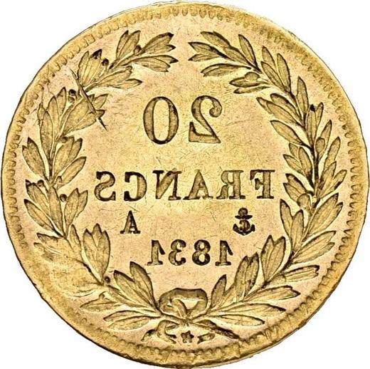 Rewers monety - 20 franków 1831 A "Rant wypukły" Paryż Incuse - cena złotej monety - Francja, Ludwik Filip I