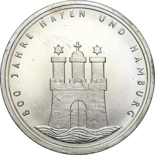 Аверс монеты - 10 марок 1989 года J "Гамбургская гавань" - цена серебряной монеты - Германия, ФРГ