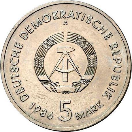 Реверс монеты - Пробные 5 марок 1986 года A "Башня Эйнштейна" Пробные - цена  монеты - Германия, ГДР