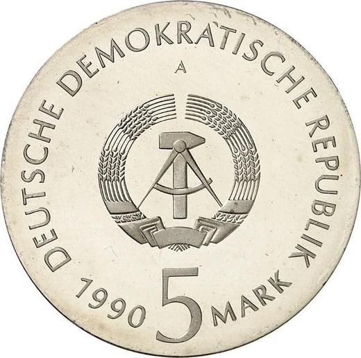 Reverso 5 marcos 1990 A "Kurt Tucholsky" - valor de la moneda  - Alemania, República Democrática Alemana (RDA)