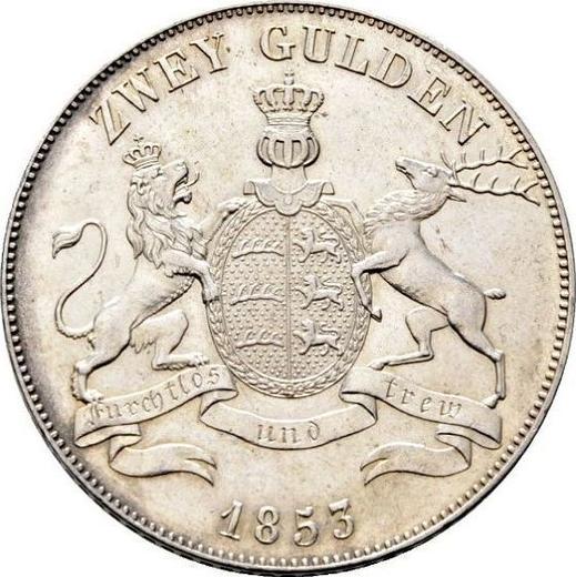 Реверс монеты - 2 гульдена 1853 года - цена серебряной монеты - Вюртемберг, Вильгельм I