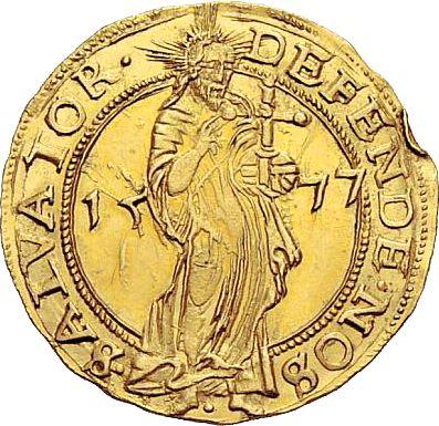 Аверс монеты - Дукат 1577 года "Осада Гданьска" - цена золотой монеты - Польша, Стефан Баторий
