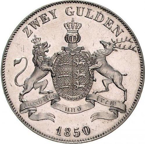 Реверс монеты - 2 гульдена 1850 года - цена серебряной монеты - Вюртемберг, Вильгельм I