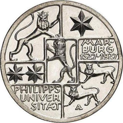 Реверс монеты - 3 рейхсмарки 1927 года A "Марбургский университет" - цена серебряной монеты - Германия, Bеймарская республика