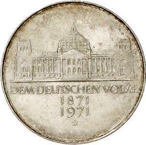 Аверс монеты - 5 марок 1971 года G "100 лет Германской Империи" Тонкий кружок - цена серебряной монеты - Германия, ФРГ