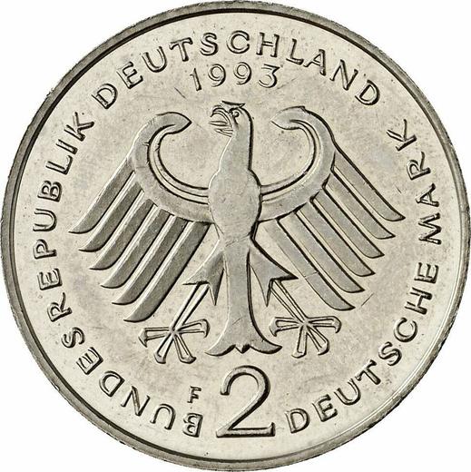 Reverse 2 Mark 1993 F "Kurt Schumacher" -  Coin Value - Germany, FRG