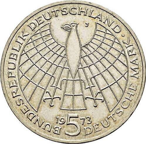 Rewers monety - 5 marek 1973 J "Kopernik" Podwójny napis na rancie - cena srebrnej monety - Niemcy, RFN
