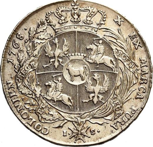 Реверс монеты - Талер 1768 года IS Гурт надпись - цена серебряной монеты - Польша, Станислав II Август