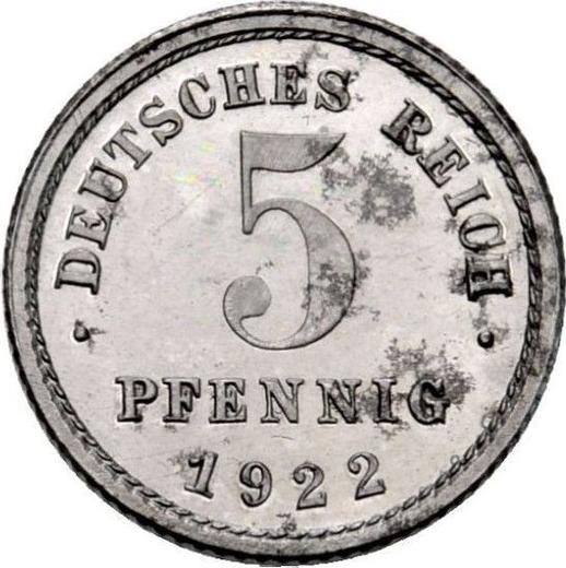 Аверс монеты - 5 пфеннигов 1922 года E - цена  монеты - Германия, Германская Империя