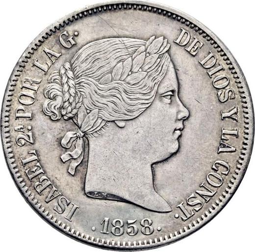 Anverso 20 reales 1858 Estrellas de seis puntas - valor de la moneda de plata - España, Isabel II